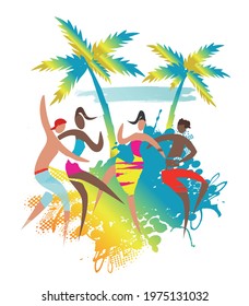 Wild Dancing couples, tropical beach party. Expressive Illustrations of dancing couple on dynamic colorful grunge background with palmas.Vector available.