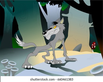 Wild danger grey wolf in cartoon style. Animal in the woods