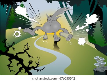 Wild danger grey wolf in cartoon style. Animal in the woods