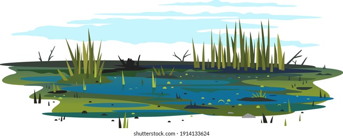 Wild danger swamp with dirty water and various plants isolated illustration, dead trees with bulrush plants, clipart of terrible mystical place, swampy pond with reeds, overgrown pond