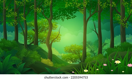 Wild dark jungle forest nature landscape with green jungle foliage and exotic plants