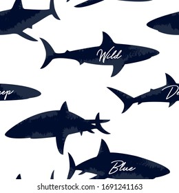 Wild deep blue.Shark seamless pattern. shark vector print. Surfer repeat pattern.
