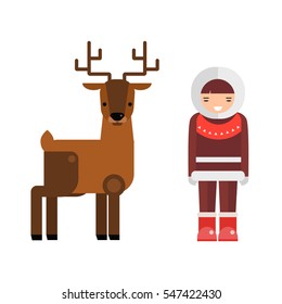 Wild deer animal and eskimo people flat vector.