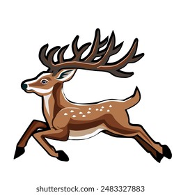 A wild deer with beautiful horns is jumping.Vector illustration isolated on white.