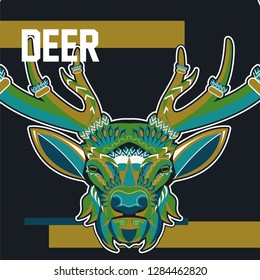 Wild deer / Emblem / Wood carving style vintage illustration - Vector
