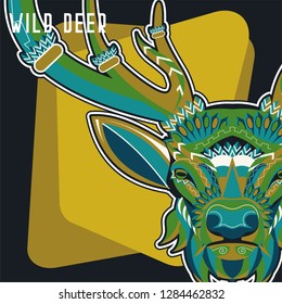 Wild deer / Emblem / Wood carving style vintage illustration - Vector