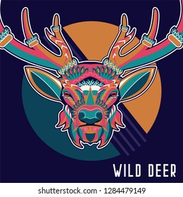 Wild deer / Emblem / Wood carving style vintage illustration - Vector