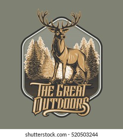 Wild deer / Emblem / Wood carving style vintage illustration 