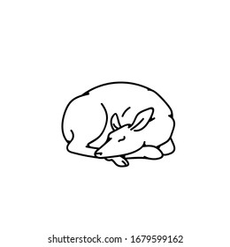 Wild deer female sleeping vector outline black white sketch illustration.