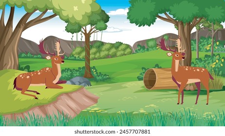 wild deer in forest landscape background illustration