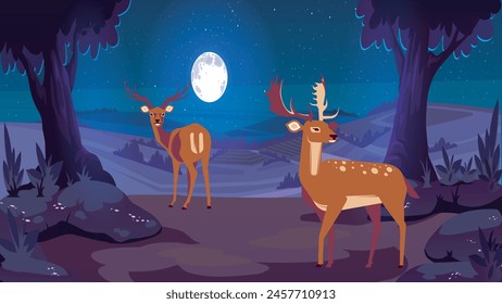 Wild Deer And The Forest At Night