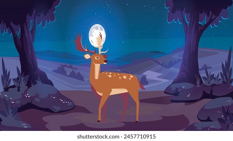 Wild Deer And The Forest At Night