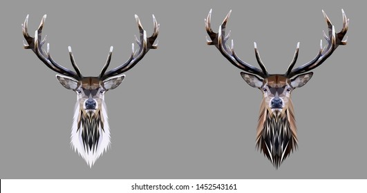 Wild deer head with horns on dark background, low poly triangular and wireframe vector illustration isolated. Polygonal style trendy modern logo design. Suitable for printing on a t-shirt.
