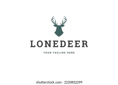 Wild deer head monochrome silhouette vintage logo design template vector illustration. Horned mammal animal antler trophy reindeer hunting club hobby emblem elk hipster label branding identification