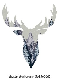 Wild deer head silhouette with winter forest landscape and snow inside isolated vector illustration