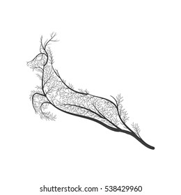  Wild deer jumping stylized bush. For use as logos on cards, in printing, posters, invitations, web design and other purposes.