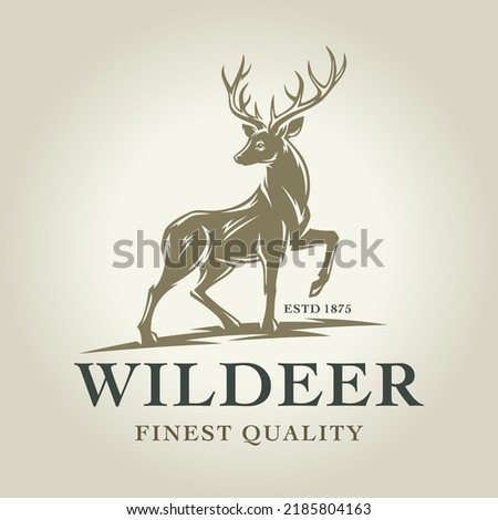 Wild deer logo design. Trophy buck emblem. Antler hunting label. Finest quality luxury outdoor brand identity illustration. Premium elk stag vector.