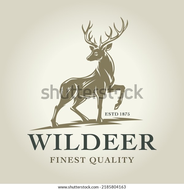 Wild deer logo design. Trophy buck emblem.\
Antler hunting label. Finest quality luxury outdoor brand identity\
illustration. Premium elk stag\
vector.