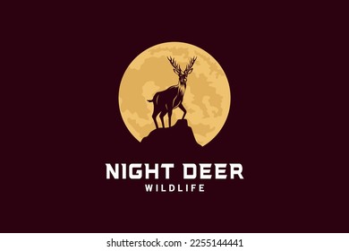 Wild deer logo design with vintage night moon background