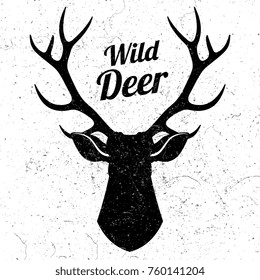 Wild deer logo with grunge effect. Vector deer logo silhouette, drawing mascot mammal monochrome profile illustration