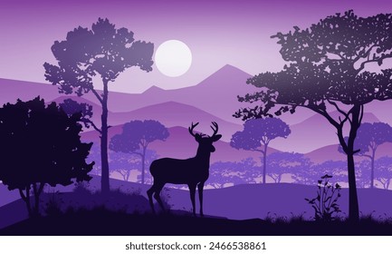 wild deer on purple mountain and forest landscape vector illustration