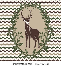 
Wild deer in an oval with oak branches on a background of zigzags.Hand drawn vintage hunting card. Vector illustration.