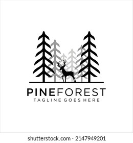 wild deer with pine forest logo vector icon symbol illustration design silhouette.