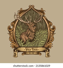 The wild deer roaring in the forest framed with gold vintage frame, this design can be used for logo, t-shirt design, label, and other merchandise