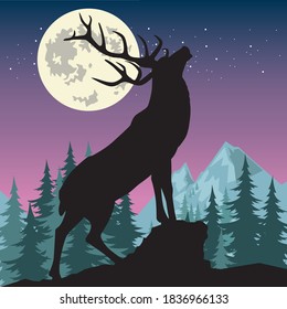Wild deer silhouette, with moonlight background 