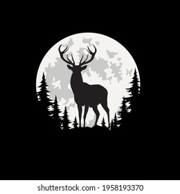 Wild deer silhouette, with moonlight background 