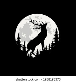 Wild deer silhouette, with moonlight background 