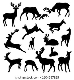 Wild deer silhouette vector set males and females with babies in different poses illustrations isolated on white background.