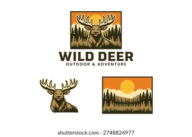 Wild deer stag with forest landscape retro illustration logo design set for adventure and outdoor. Forest antlers deer vintage badge patch symbol element pack for hunting and camping