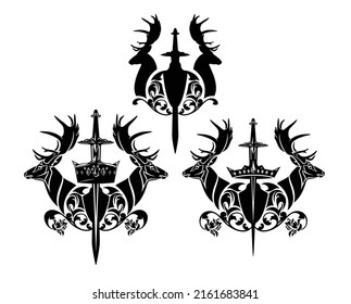 Wild Deer Stag Heads With Heraldic Shield, Sword, King Crown And Rose Floral Decor - Royal Coat Of Arms Black And White Vector Design Set