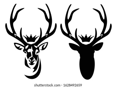 wild deer stag with large antlers and royal crown - heraldic animal head black and white vector design