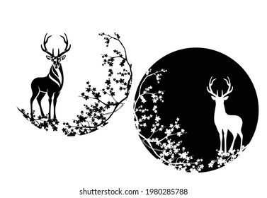wild deer stag standing among sakura blossom branches - elegant animal wildlife black and white vector circle design set