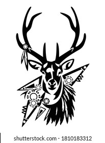 wild deer stag with tribal style feather decor and ornament black and white vector head portrait