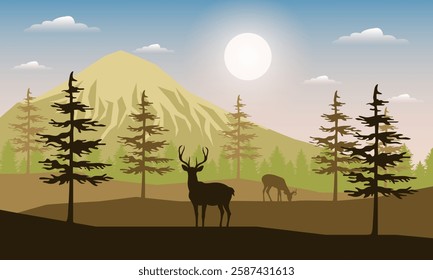 Wild Deer Standing Against the Background of Mountains and Trees