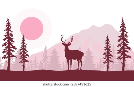 Wild Deer Standing Against the Background of Mountains and Trees