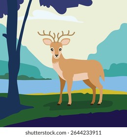Wild deer standing gracefully in a natural forest landscape, surrounded by trees and soft sunlight. Ideal for wildlife, nature, forest animals, and conservation themes.