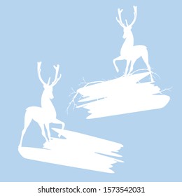 wild deer and tree branches around blank banner - winter season holidays greeting card vector silhouette decor set