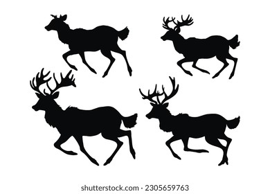 Wild deer vector design on a white background. Deer walking and running silhouette bundle design. Reindeer running silhouette set vector. Buck running in different positions silhouette collection.