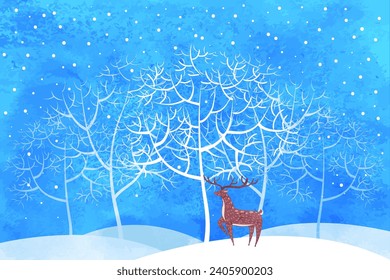Wild deer in the winter forest. White silhouettes of trees, falling snow.