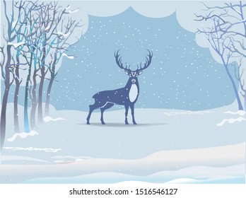 Wild deer in the winter snowfall