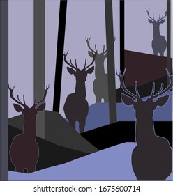 wild deers on dark forest