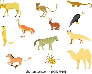 Wild desert animals's vector set isolated on white illustration, camel, rodents, antilope, hyenah, spider.