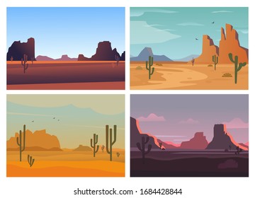 wild desert. arizona high stone rocks cactuses sandy landscape horizon mountains sunsets. vector cartoon backgrounds