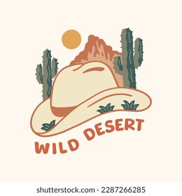 Wild desert and cactus design with cowboy hat combination vintage vector art for t shirt, sticker and other