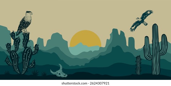Wild desert landscape with hawk and canyons. Panoramic horizontal illustration with modern style and vibrant colors.
