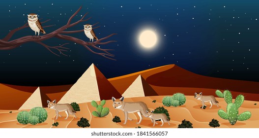 Wild desert landscape at night scene illustration